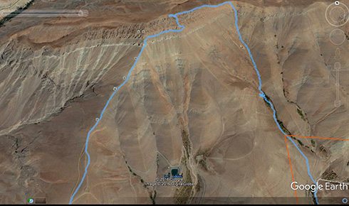 گروه کوهنوردی پرسون - مسیر حرکت از کنار تیغه ها و صعود به قله بند عیش در Google Earth 